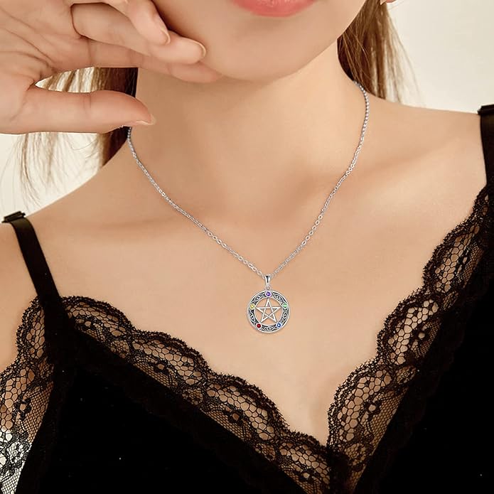 AOBOCO Cat Necklace Sterling Silver Bat Black Cat Quartz Cat Necklace Ghost Pumpkin Pentagram Witch Pendant Necklace Halloween Gifts for Women