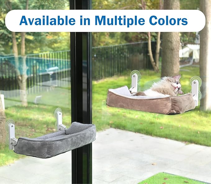 Foldable Cat Hammock for Window with Bolster - Cordless, Three-Side Bolstered Machine Washable Fluffy Bed, Robust Metal Frame - Cat Window Perch for Large Cats and Kittens - Brown/White