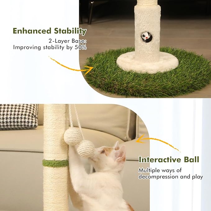 Cat Scratching Posts Cat Trees 35.43" Tall with Sisal Rope Cat Toy and Hanging Ball for Indoor,Wooden Palm Tree Cat Scratch Pole for All Cat（White