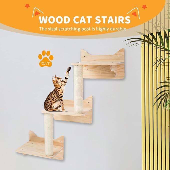 Cat Wall Shelves, Furniture Set, Shelves and Perches for Wall, Climbing Shelf Playground Scratching Post with 3 Steps Indoor Mounted Condos House