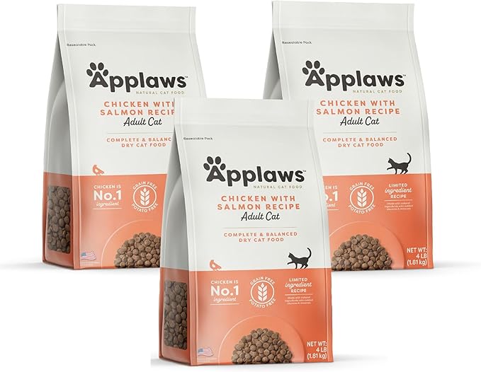 Applaws Complete Dry Cat Food, Grain Free, Limited Ingredient Food for Cats, Added Vitamins and Minerals for a Balanced Diet, Chicken with Salmon Recipe, 3 x 4 lb Bags