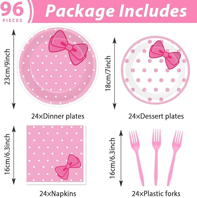 96 Pcs Pink Cat Party Supplies Pink Bow Plates and Napkins Tableware Set Decor Cute Cat Cake Dessert Plates Table Decorations for Birthday Baby Shower Cute Bow Party Favors for 24 Guests