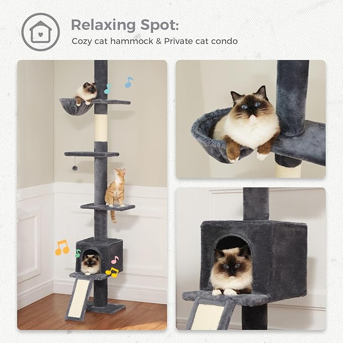 PETEPELA Floor to Ceiling Cat Tree, Cat Tower 5 Tiers Tall (83-108 Inches) Adjustable Height, Cat Climbing Tree Featuring with Cat Condo, Cat Scratching Post and Cat Perches for Indoor Cats, Daek Grey