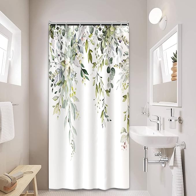 AWERT Small Stall Shower Curtain with Hooks Watercolor Plants Green Leaves 48x72 inch Half Size Shower Curtain for Bathroom/RV and Camper