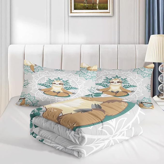 AILONEN Sloth Comforter Set, Full Size, Kids Bedding Set, Sloth Pattern, 1 Comforter, 2 Pillowcases, 3 Piece