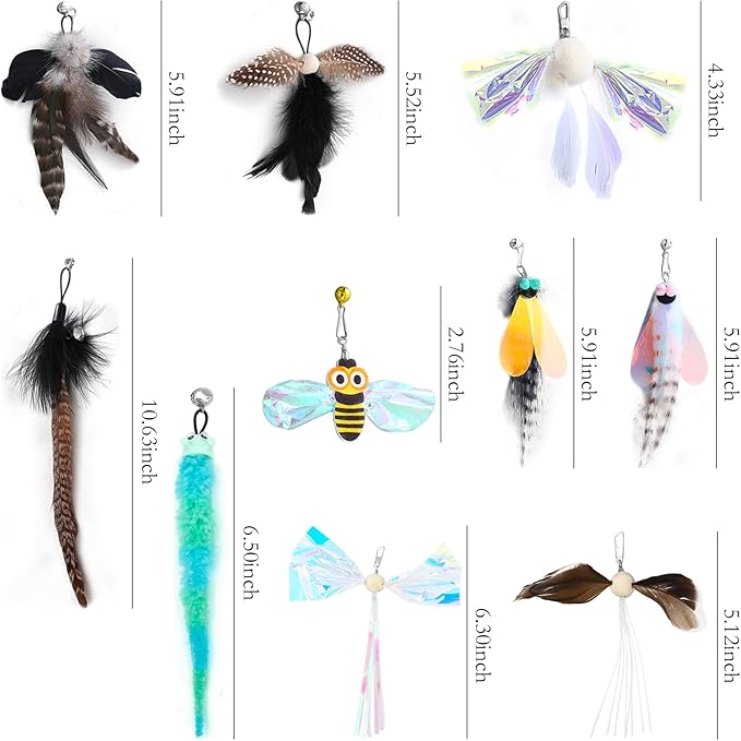 10 Pieces Cat Insect Feather Toys Replacement Cat Toy Wand Refills Interactive Cat Teaser Wand Attachments with Bell for Cat Toy