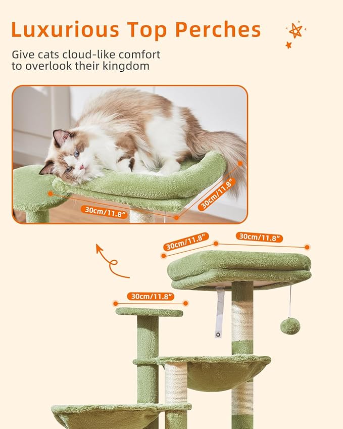 Taoqimiao Cat Tree, 39.4-Inch Cat Tower for Indoor Cats,Suitable for Kittens,Plush Cat Condo with 5 Scratching Posts, Plush Perch,2 Hammock,Pompoms, MS019GR Green