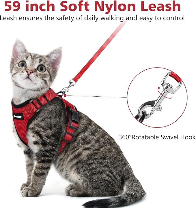 Dooradar Cat Harness and Leash Set, Escape Proof Safe Adjustable Kitten Vest Harnesses for Walking, Easy Control Soft Breathable Mesh Jacket with Reflective Strips for Cats, Red, S