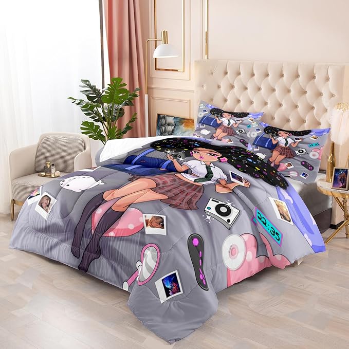 African American Girl Bedding Set Full Comforter Set for Girls Bedroom Decor Black Girl Comforter Set with 2 Pillowcases Kids Comforter Sets Gifts for Girls Kids Teens