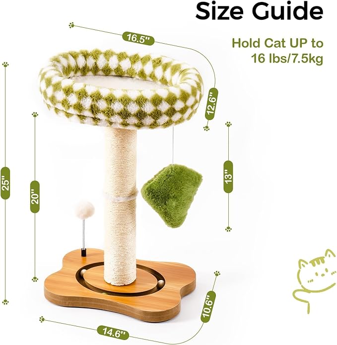 Mewoo Cat Scratching Post with Bed, Cat Tower with Cat Scratcher Post, Small Cat Tree for Indoor Cats, Sisal Cat Scratcher with Removable Cat Perch, Cat Ball Track and Kittens Toys (Green, Medium)