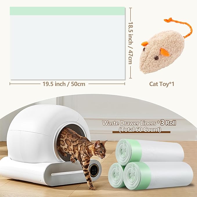 60 Count Self Cleaning Litter Box Liners Bag Refill, Pet Waste Bags with Drawstring Heavy Duty for Auto Clean Kitty Litter Box -19" x 18"