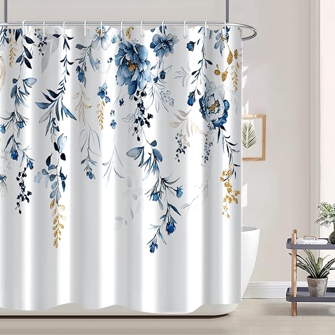 AWERT Blue Plants Shower Curtain with Hooks Watercolor Leaves Shower Curtain for Bathroom Waterproof Bathroom Accessories Bathtub Decor 60x72inch