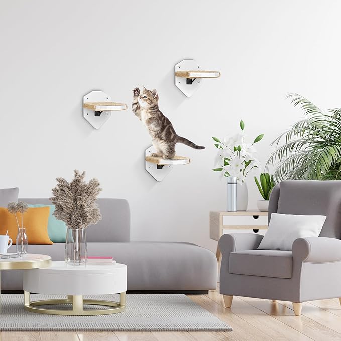 3-Pcs Cat Shelves Wall Mounted, Cat Wall Shelves Climbing Steps, Cat Shelves and Perches for Wall, Cat Wall Furniture with Sisal Rope, Cat Climbing Shelves Cat Wall Steps for Indoor Kitty, Cats(White)