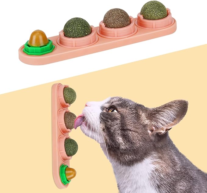 4 Pack Catnip Balls, Catnip Ball for Cats Wall, Edible Kitty Toys for Cats Lick, Safe Healthy Kitten Chew Toys, Teeth Cleaning Dental Cat Toys, Cat Wall Treats (Pink)
