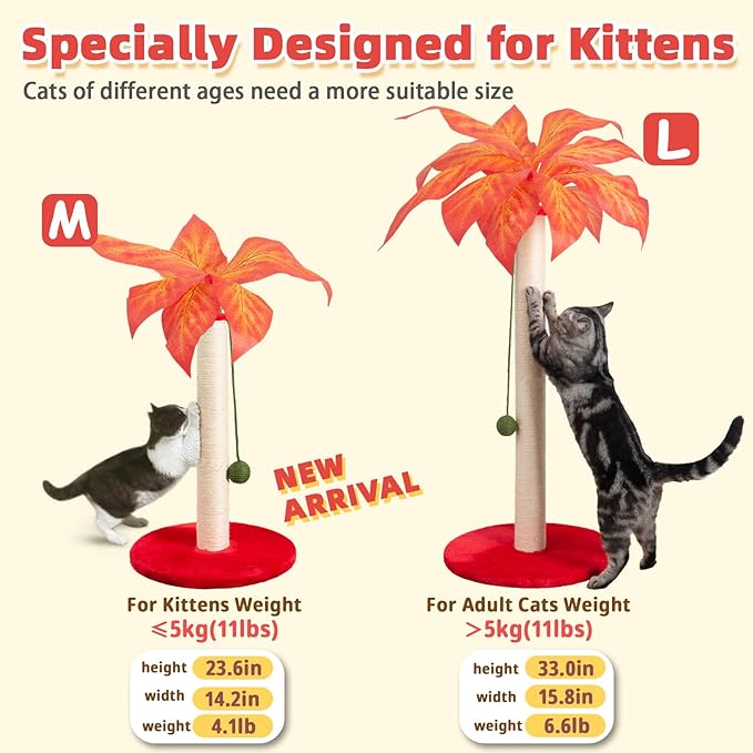 Cat Scratching Post 23.6 inch Cute Cat Scratcher Kitten Scratching Post with Sisal Rope for Indoor Cats Palm Tree Cat Scratching Post with Dangling Balls for Small Cats, Red