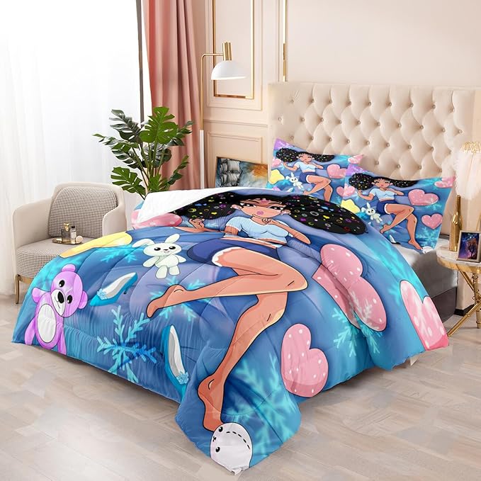 African American Black Comforter Set, Queen Bed Bedding Sets Cute Teenage Bedding Blue Girl with Love Prints Soft Microfiber 3 Piece Queen Size Quilt Set, 1 Comforter + 2 Pillowcases