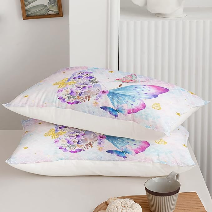 Axolotl Butterfly Bedding Queen,Rainbow Butterfly Comforter Set for Girls Teens,Butterfly Bedding for Girls with Golden Star Scales Pattern,Butterfly Printed Quilt Set with 1 Comforter 2 Pillowcases