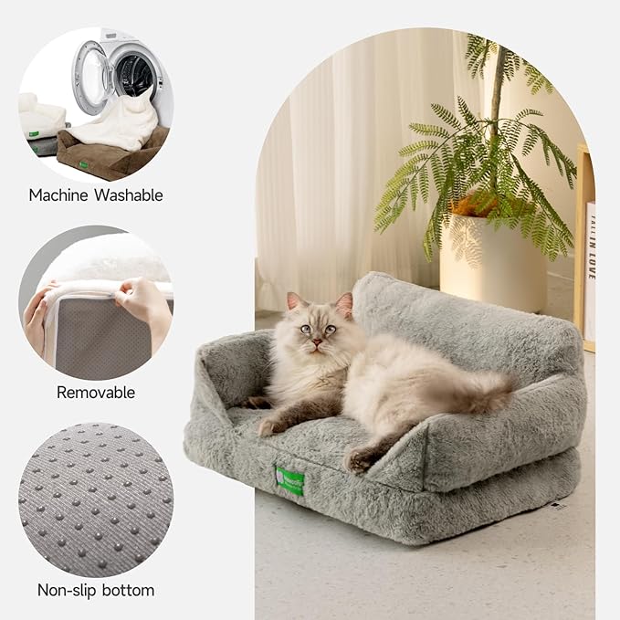 MEWOOFUN Cat Couch Bed for Indoor Cats, Fluffy Cat Sofa for Small Pets with Removable Washable Cover, Cute Cat Bed with Non-Slip Bottom, Cat Beds & Furniture for Small Pets(Grey,S)