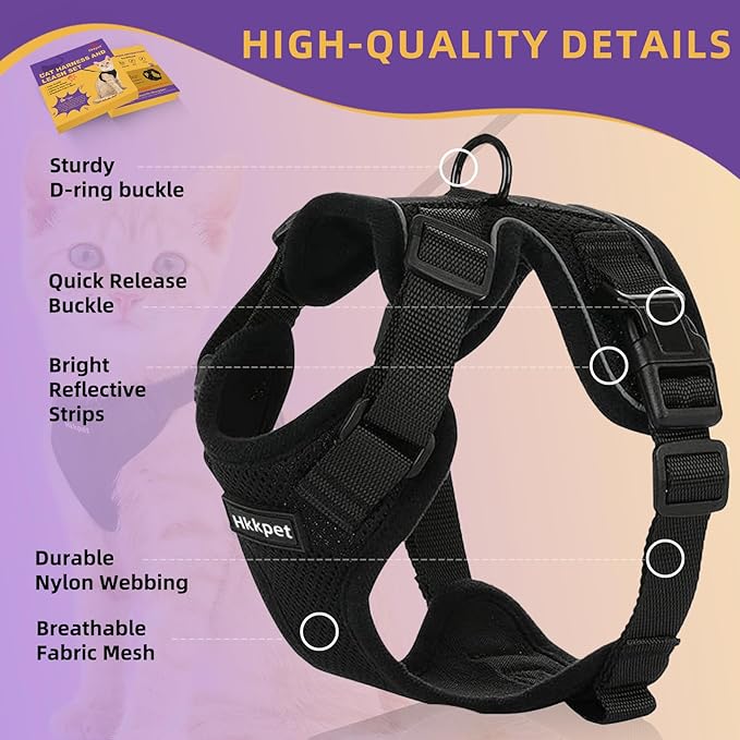 Adjustable Cat Harness and Leash Set for Outdoor Walking, Soft Breathable Mesh Cat Harness with Reflective Strips,Escape Proof Safe Cat Vest Harness, Black (M)