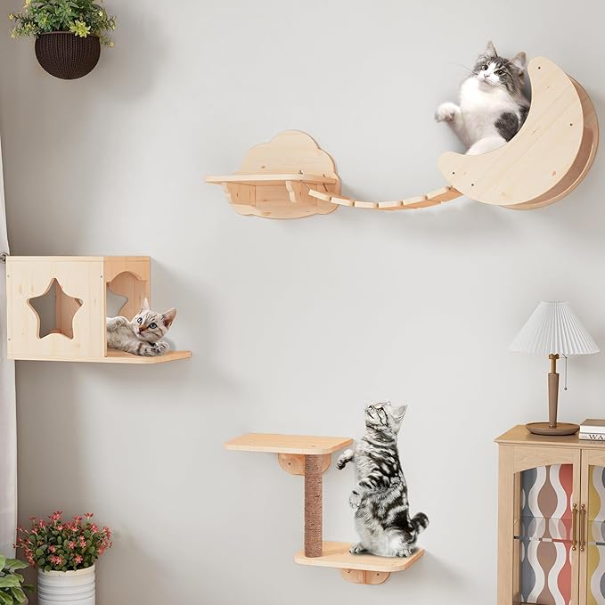 Cat Wall Shelves 7PCS Set for DIY Solid Wood Cat Star Houses & Condos Cat Perches Cat Scratching Post Cat Bridge for Kitty & Kitten Modern Cat Tree