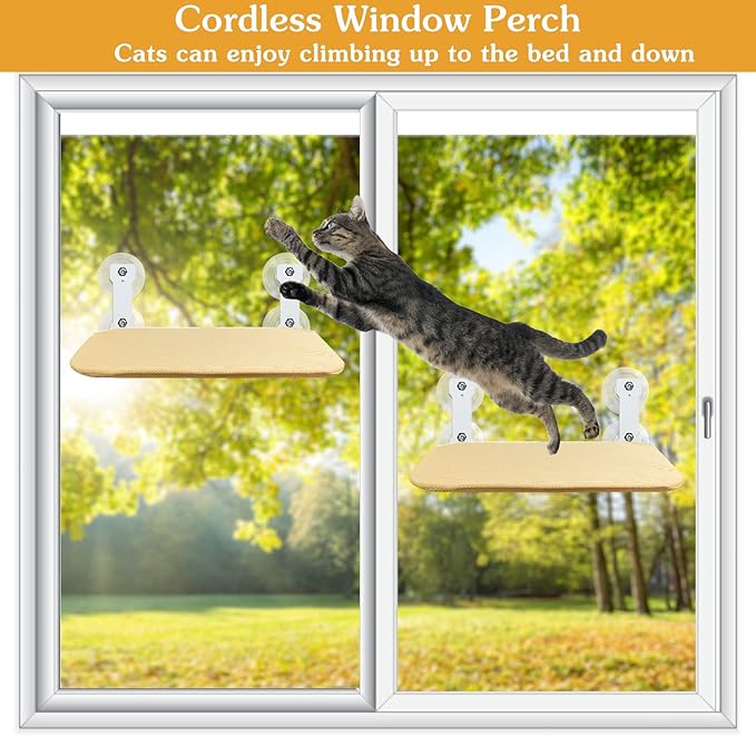 2 Pack Foldable Cat Window Perch, Cordless Cat Window Hammock Cat Window Bed Safety Window Sill Cat Perch for Indoor Cats Inside, Strong Suction Cup Large Cats Window Seat with Sturdy Metal Frame