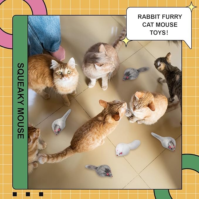 60 Pcs Furry Mice Interactive Catch Play Rabbit Fur Mouse Cat Toy Rattle Sound Rat Plush for PET Cats and Kittens, 3 Colors