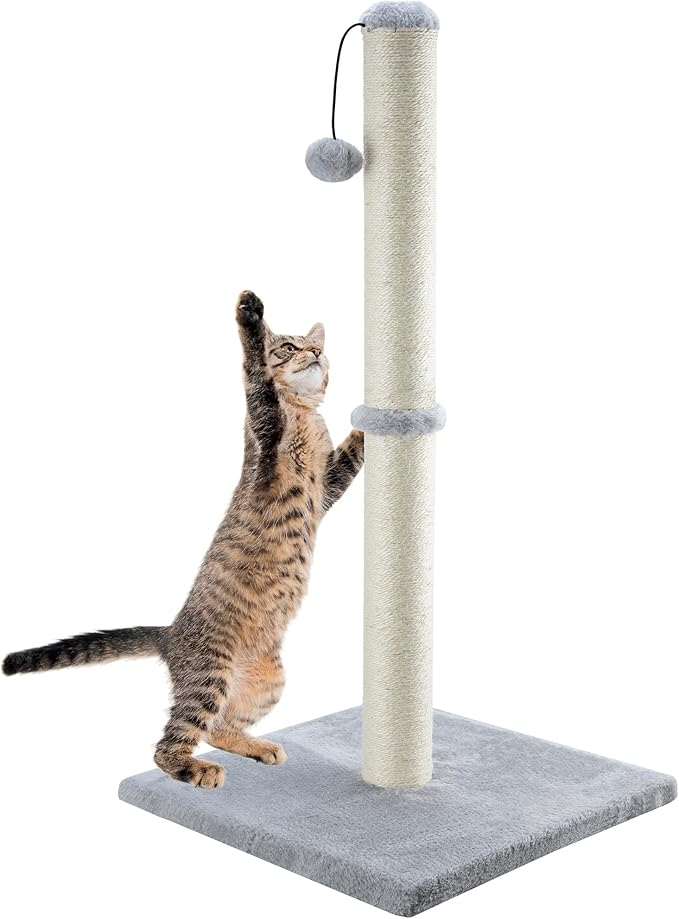 Dimaka 34" Tall Cat Scratching Post for Large Cats and Kittens, High Vertical Scratcher with Premium Natural Sisal Rope and Interactive Hanging Ball for Indoor Cats(Grey, 34 inches)