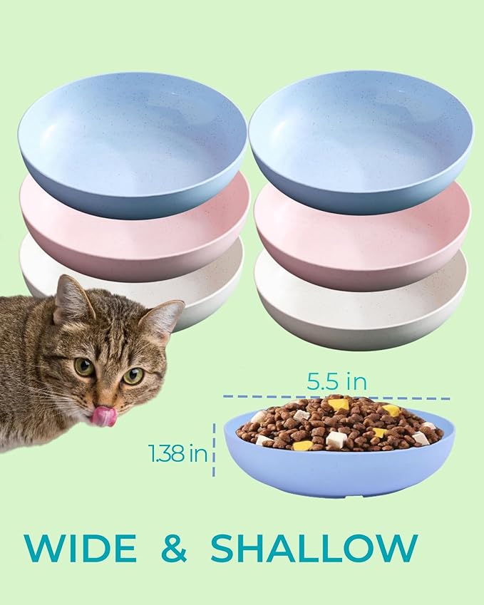 6-Pack Cat Food Bowl with Non Slip Feet, Whisker Fatigue Cat Dishes for Food, Shallow Kitten Bowls Set for Indoor Cats, 5.5" Flat Cat Plates for Wet Food