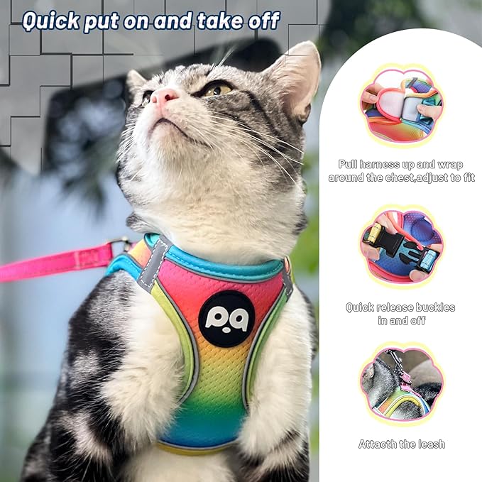 Cat Vest Harness Leash Set: Escape Proof & Reflective Kitten Soft Mesh Vest for Small Medium Large Puppy Pets Walking Hiking and Traveling(XSmall,Multi-Colored)