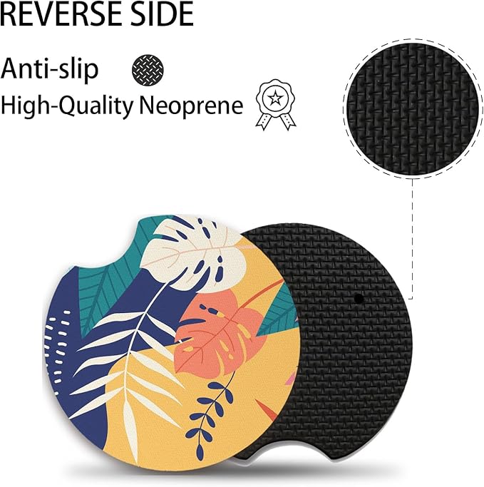2pcs Car Cup Holder Coasters, Universal Auto Anti Slip Coasters, Tropical Leaves Design Rubber Car Coasters with A Finger Groove, Cute Car Accessories for Women&Men
