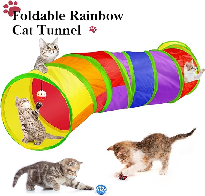 32 PCS Cat Toys Kitten Toys, Variety Catnip Toys with Rainbow Tunnel Interactive Cat Feather Teaser Fluffy Mouse Crinkle Balls Spring Toy Set for Cat, Kitty