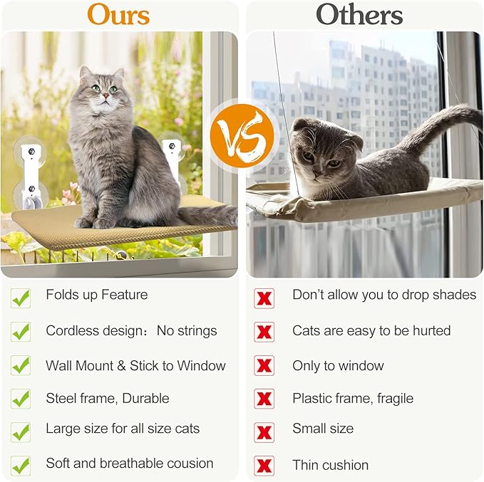 2 Pack Foldable Cat Window Perch, Cordless Cat Window Hammock Cat Window Bed Safety Window Sill Cat Perch for Indoor Cats Inside, Strong Suction Cup Large Cats Window Seat with Sturdy Metal Frame