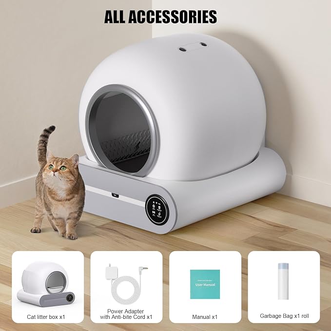 Automatic Cat Litter Box, 65L/9L Large Self Cleaning Cat Litter Box for Multiple Cats, White Cat Litter Box with Remote App Control via WiFi Connection, Quality Scooping-Free Cat Accessories