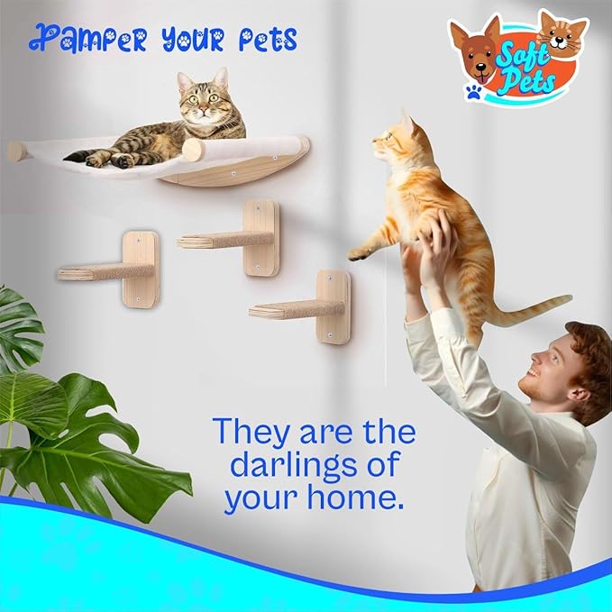 Cat Hammock Wall Mounted Cat Shelf with Three Steps - Cat Wall Shelves and Perches for Sleeping, Playing, Climbing, and Lounging - Modern Cat Bed & Furniture for Large Cats or Kitty, Natural