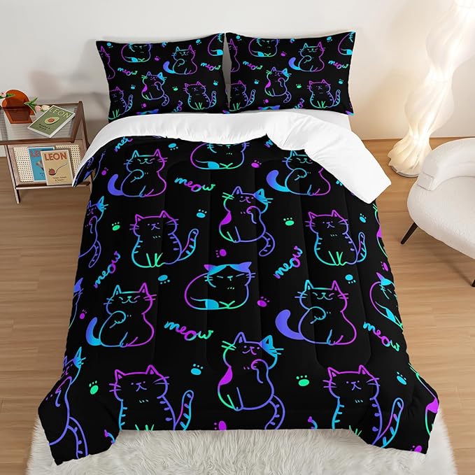 3D Neon Cat Kids Comforter Set,Gradient Line Cat Toddler Comforters King Size for Teens Kids Boys Girls Room Decoration,Black Kawaii Bedding Sets with 2 Pillowcases.