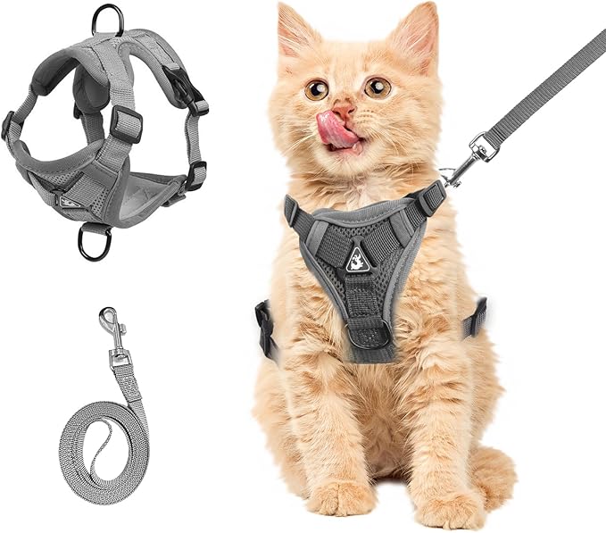 cat Chest Harness and Leash, Anti-Escape Adjustable Soft mesh cat Leash and Chest Harness Set for All Types of Cats cat Vests (Grey, 3.3-6.6lb)