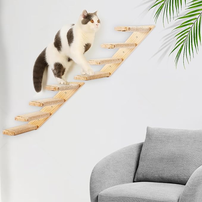Cat Climbing Stair Shelf Wall Mounted Reversible Left & Right Direction, Cat Stairway Shelf for Climbing with Sisal Rope Ladder Cat Wall Furniture