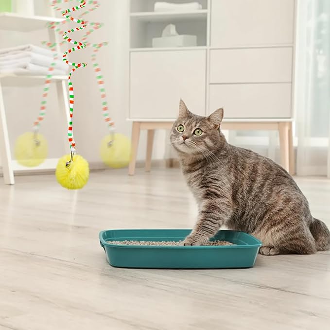 Audoloku 3 Pcs Cat Spring Toys with Self Adhesive Suction Cup Door Ceiling Hanging Cat Toy Interactive Kitten Coil Toys for Indoor Cat Ball Toys with Bell, Foldable Plush Rope Tail Cat Teaser Toy