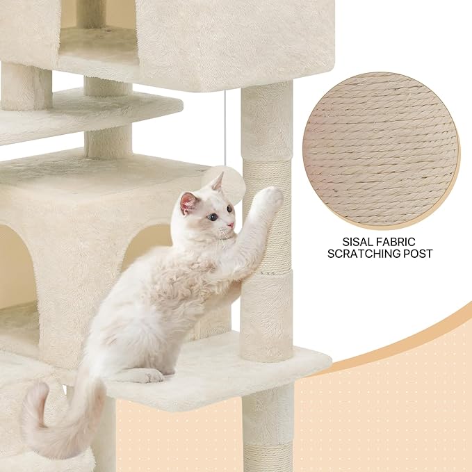 MoNiBloom Cat Tree, 60 Inch Cat Tree Tower with 2 Cat Condo, Cat Tower with Scratching Post, Cat Climbing Tower, Cat Tree for Indoor Cats, Beige