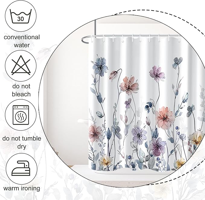 AWERT Watercolor Floral Shower Curtain with Hooks Pastel Wildflower Shower Curtain for Bathroom Waterproof Flower Printing Fabric Bathroom 72x72inch
