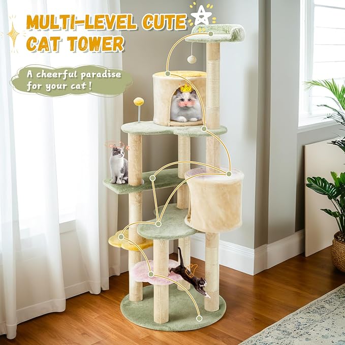 Erinnyees Flower Cat Tree Tower, Heavy Duty Anti-Scratch Cats Furniture, Multi-Level Cat Condo Activity Center Kitten Play House