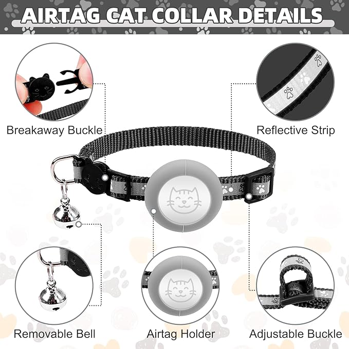 KOOLTAIL Cat Harness and Leash Set Escape Proof with Cat Airtag Holder Collars (3 in 1), Comfortable Lightweight Adjustable Kitten Harness for Small Medium Large Cats Safe Walking & Travel, Black