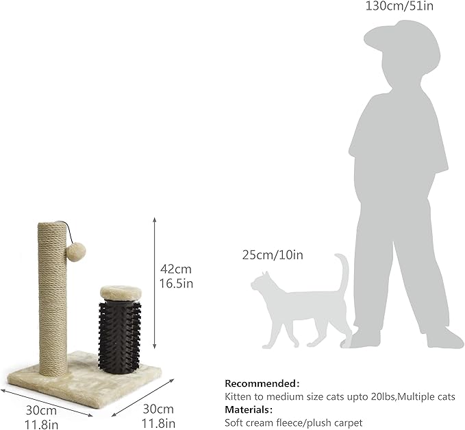 Amazon Basics Cat Scratching Post with Brush for Indoor Cats, 12.2 x 12.2 x 16.54 inch for Kittens, Beige