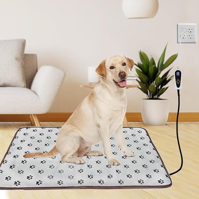 Pet Heating Pad for Cats Dogs with Timer Temperature Adjustable, Electric Heating Mat Indoor, Adjustable Warming Mat, Waterproof Heated Bed with Chew Resistant Steel Cord，Pet Heated Mat