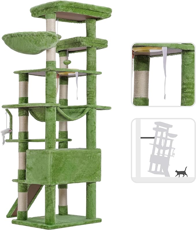 Heybly Tall Cat Tree,78 inch Multi-Level Cat Tower for Indoor Cats,2 Widened Plush Perches Cat Condo with Scratching Board and Big Caves,Green HCT033GR