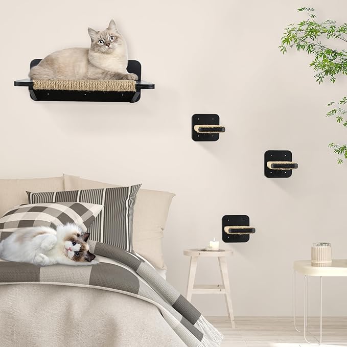 Cat Hammock Cat Wall Shelves with 3 Cat Wall Steps, Wall Mounted Cat Shelves and Perches with Hemp Rope Scratching, Cat Wall Furniture Climbing Shelves for Indoor Cats Set