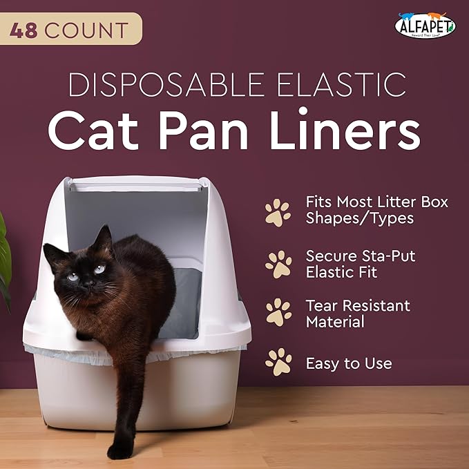 Alfapet Kitty Cat Litter box Disposable, Elastic Liners- 48-count-For Medium and Large, Size Litter Pans- With Sta-Put Technology for Firm, Easy Fit- Quick + Clever Waste Cleaners 4 pack