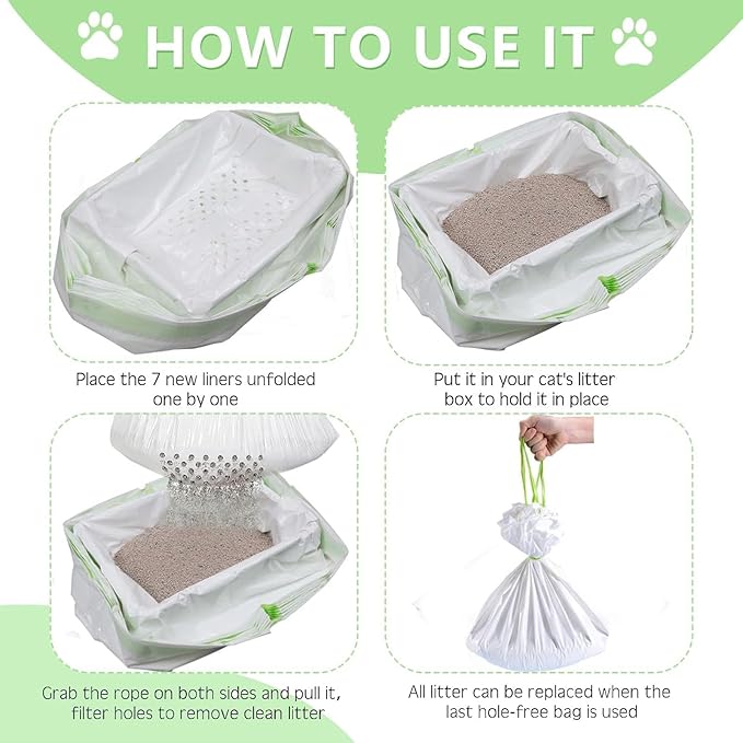42Pcs Sifting Cat Litter Box Liners with Holes, Large Drawstring Cat Litter Pan Bags Cat Waste Litter Bags Pet Cat Supplies (37" x 18")