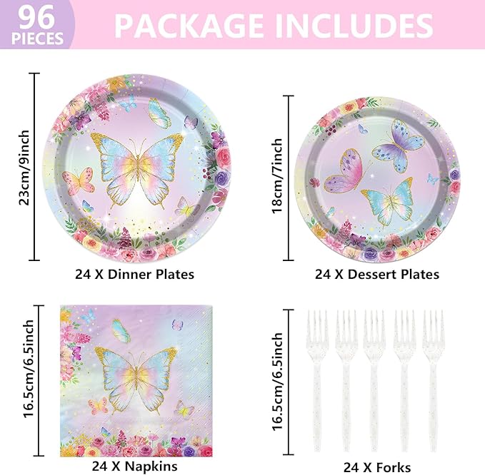 96PCS Butterfly Party Decorations Flower Fairy Birthday Tableware Flower Paper Plates Butterfly Plates Napkins Dinnerware for Baby Shower Party Supplies, Serves 24