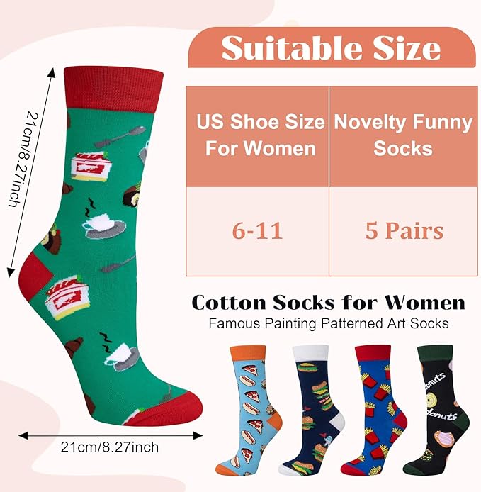 5 Pairs Womens Fun Famous Painting Patterned Art Socks Cotton, Printed Cool Novelty Funny Socks for Women